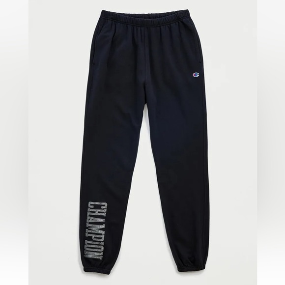 NWT $79 Champion Satin Logo Black Sweatpants - Picture 1 of 6